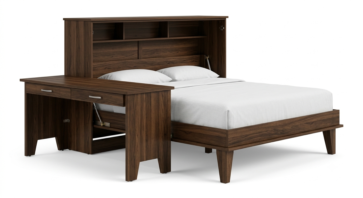 Alderton Queen Wall Bed with Integrated Desk — Dark Walnut