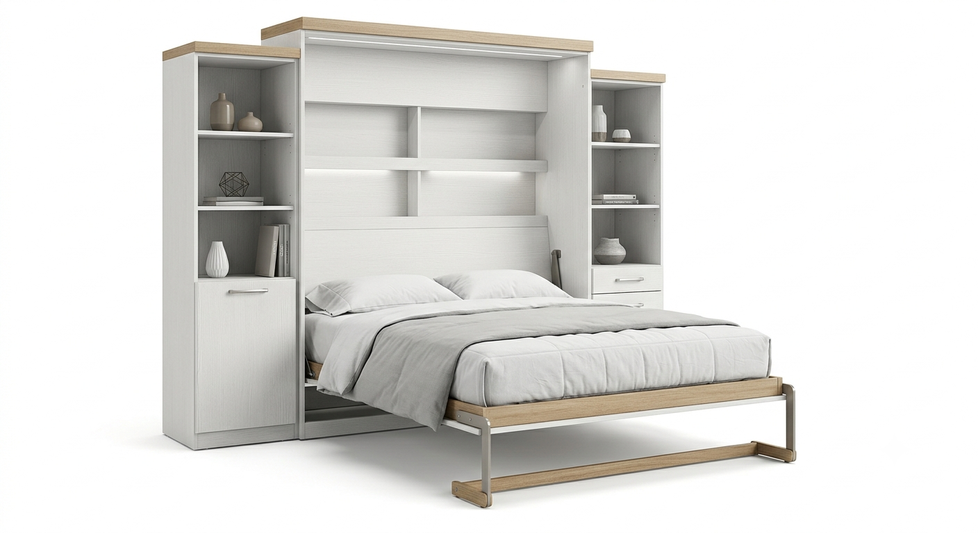 Elara Queen Wall Bed with Dual Storage Towers — White Oak