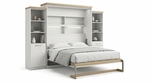 Elara Queen Wall Bed with Dual Storage Towers — White Oak
